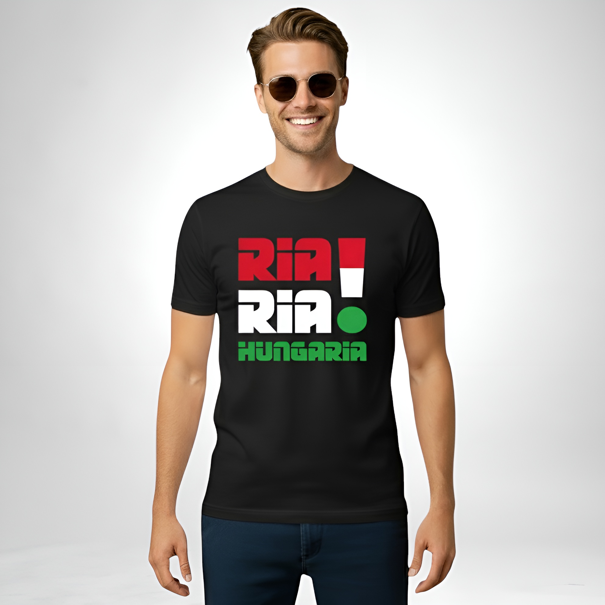 Ria! Ria! Hungaria! feliratos póló trikolór színben
